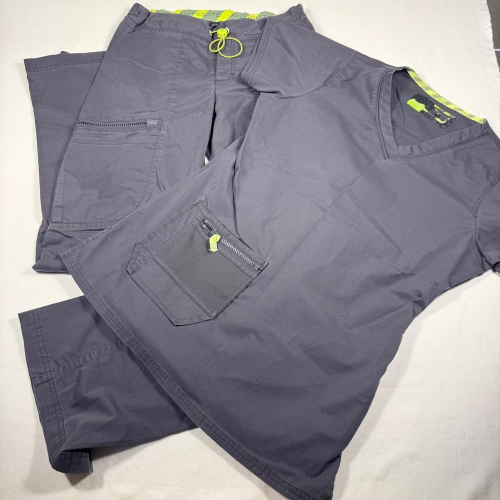 Antidote Scrub Set XS Charcoal Gray V-Neck Top Cargo Pants Neon Accents